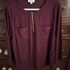 Jones Studio Zip Burgundy Long Sleeve Top - Size L